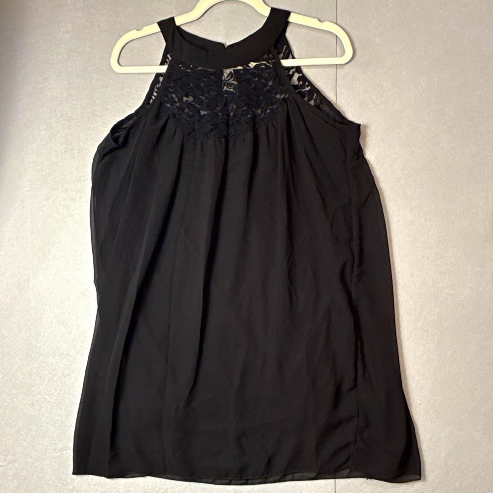 Womens Black Lace Yoke High Neck Sleeveless Blouse Plus Size 2XL